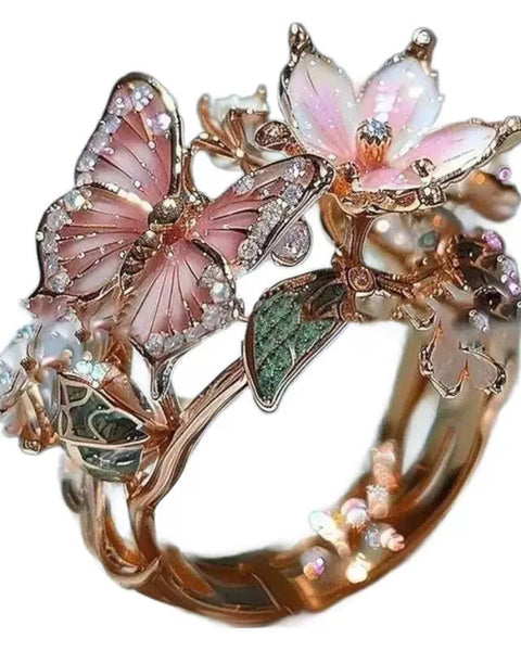 Flower Butterfly Ring With Rhinestones Design Fashion Personalized Jewelry For Women