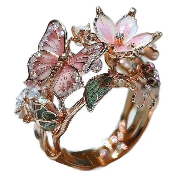 Flower Butterfly Ring With Rhinestones Design Fashion Personalized Jewelry For Women