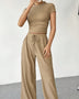 Women's Solid Color Short Sleeved T-shirt High Neck Top Loose Casual Pants Set