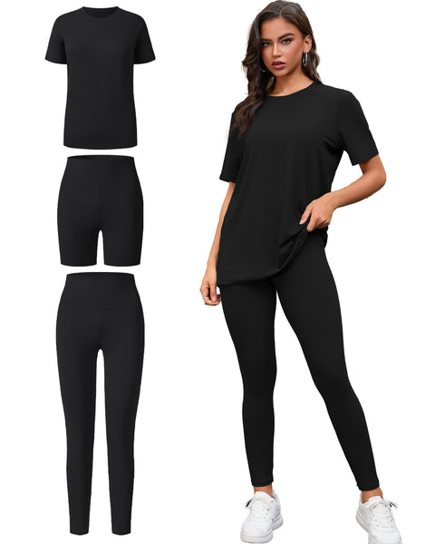 Three Piece Set, Round Neck Short Sleeved Top And Shorts And Pants Set, Sports And Casual Clothing