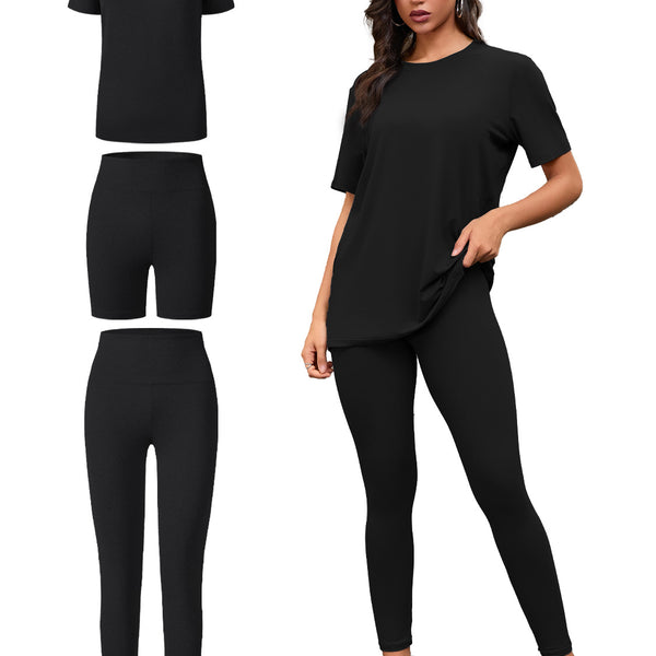 Three Piece Set, Round Neck Short Sleeved Top And Shorts And Pants Set, Sports And Casual Clothing