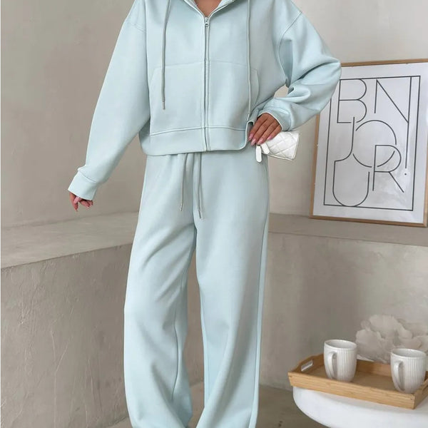 European And American Solid Color Long Sleeve Zipper Cardigan Hoodie Lace-up Trousers Two-piece Set