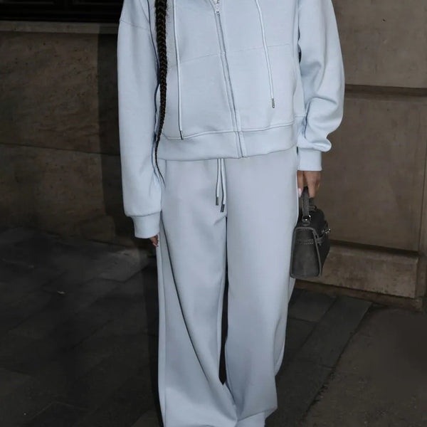 European And American Solid Color Long Sleeve Zipper Cardigan Hoodie Lace-up Trousers Two-piece Set