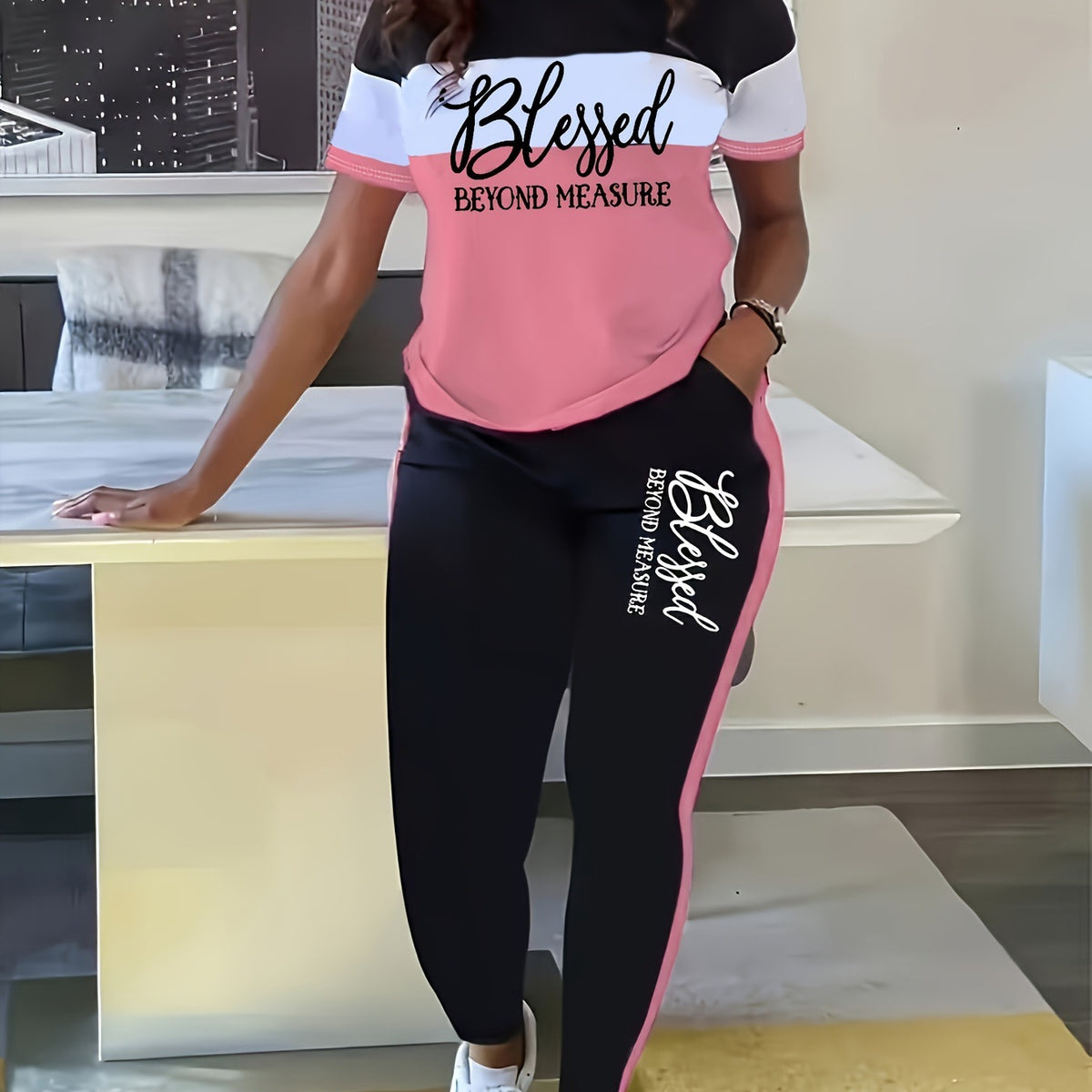 Contrast Color Striped Short Sleeve With Wide Leg Pants Suit