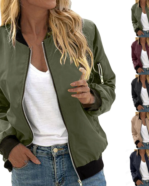 Women's Solid Color Cool Girl Baseball Jackets Round Neck Zipper Vintage Bomber Jacket Autumn Casual Female Bomber Jacket Chic Outerwear