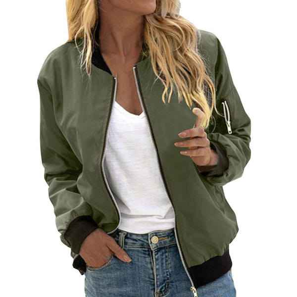 Women's Solid Color Cool Girl Baseball Jackets Round Neck Zipper Vintage Bomber Jacket Autumn Casual Female Bomber Jacket Chic Outerwear