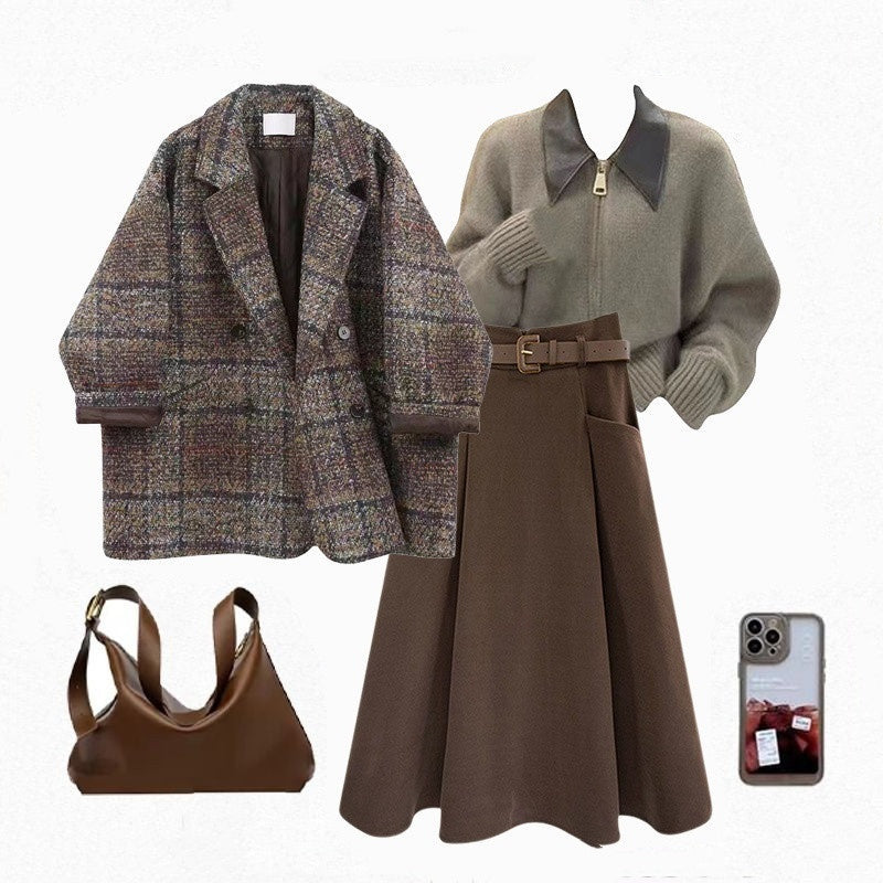 Vintage Blazer Design Knitted Sweater With Skirt Three-piece Set