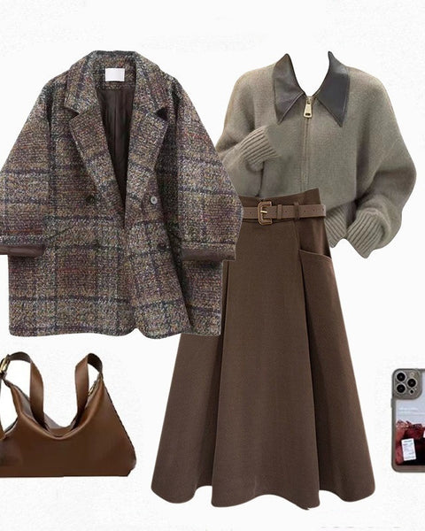 Vintage Blazer Design Knitted Sweater With Skirt Three-piece Set