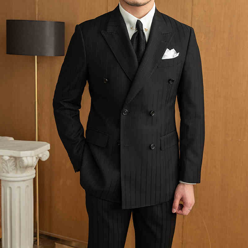 Handsome Men Versatile Black Striped Double Breasted Suit