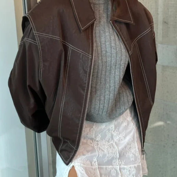 Loose Fashion Lapel Zip-up Jacket Cool Long Sleeve Zipper Closure Moto Biker Leather Jacket Womens Clothing