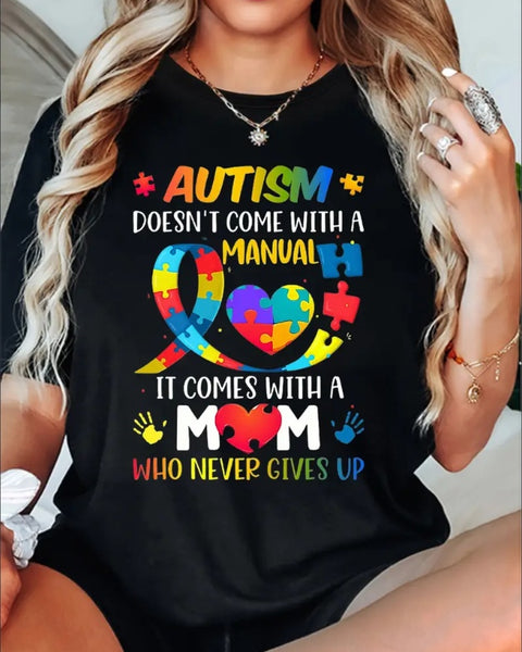 Women's Casual Crew Neck T-Shirt With Autism Awareness Cartoon Print