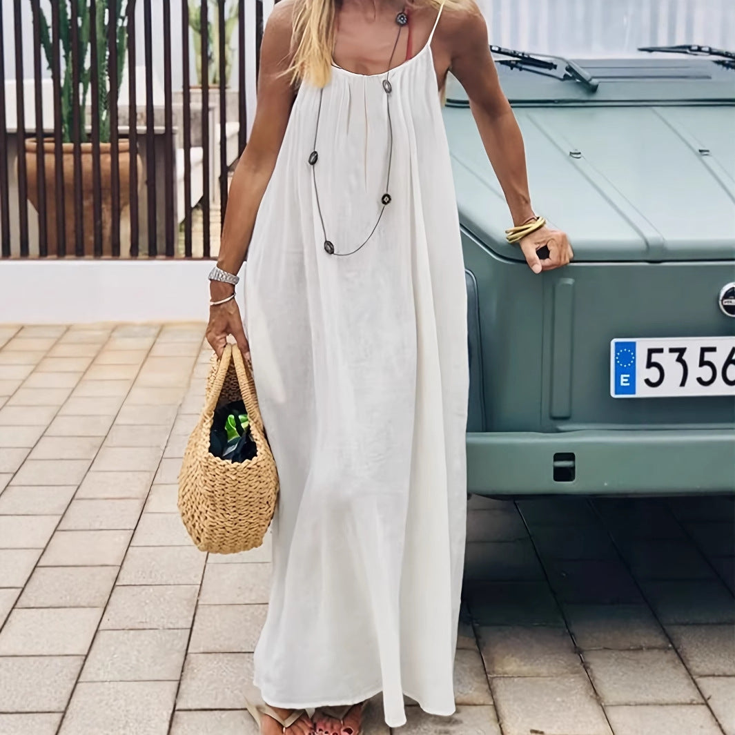 Loose Spaghetti Dress Ins Fashion U-cut Backless Tie-up Long Dresses Beach Vacation Bohemian Women's Clothing
