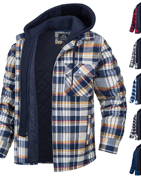 Men's Plaid Hooded Coat Winter Warm Button Zip-up Jacket Fashion Casual Thick Padded Long Sleeves Outerwear Clothing