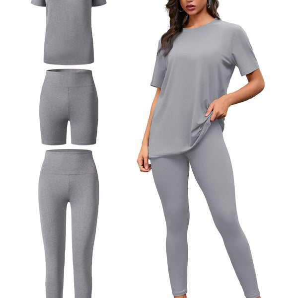 Three Piece Set, Round Neck Short Sleeved Top And Shorts And Pants Set, Sports And Casual Clothing