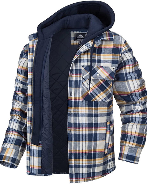 Men's Plaid Hooded Coat Winter Warm Button Zip-up Jacket Fashion Casual Thick Padded Long Sleeves Outerwear Clothing