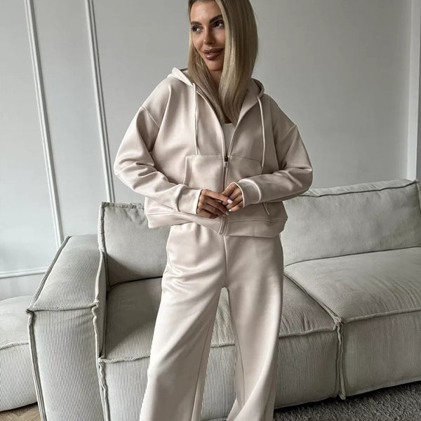 European And American Solid Color Long Sleeve Zipper Cardigan Hoodie Lace-up Trousers Two-piece Set